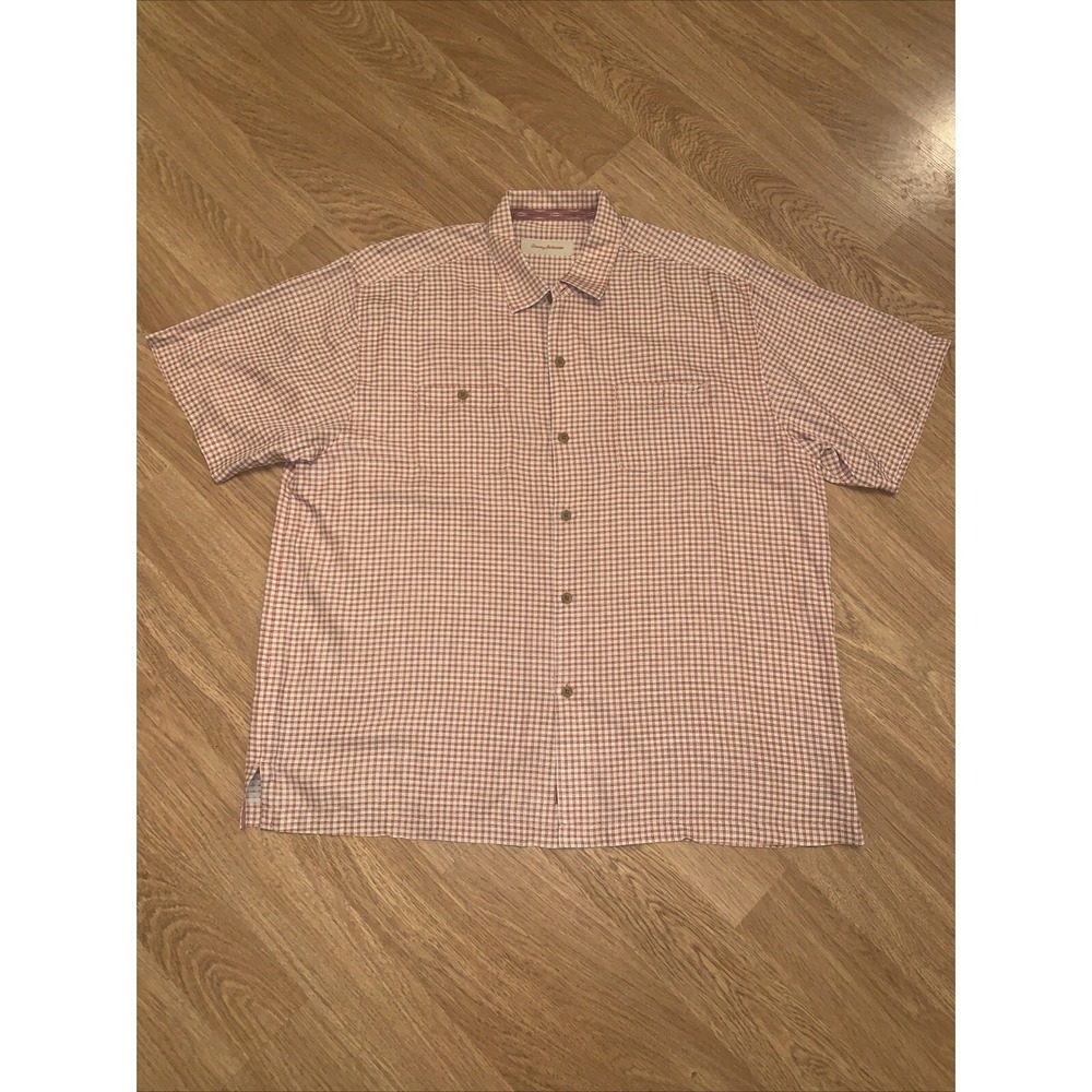 Tommy Bahama Men~Size XL~100% Silk~Orange/Peach Checkered~Short Sleeve~Button Up